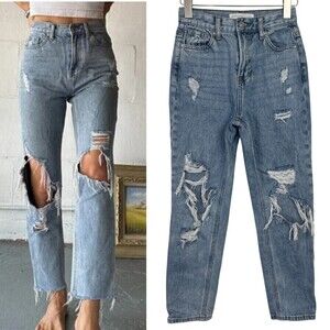 Endless Rose Women's Size 25 Distressed High Rise Denim Cotton Festival Mom Jean